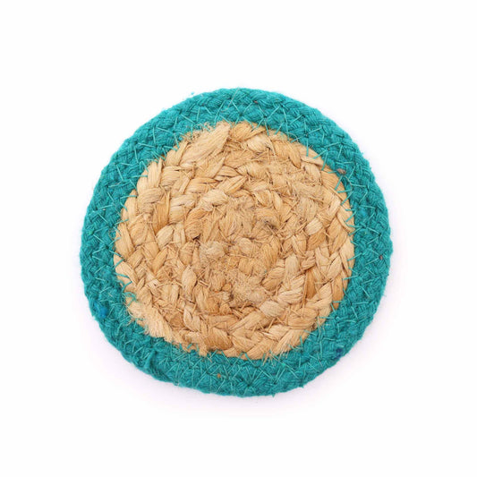 Natural Coaster - Jute & Cotton 10cm (set of 4) - Teal Boarder