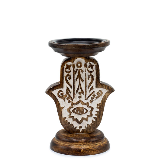 Mango Wood Candle Stand - Hamsa - Small