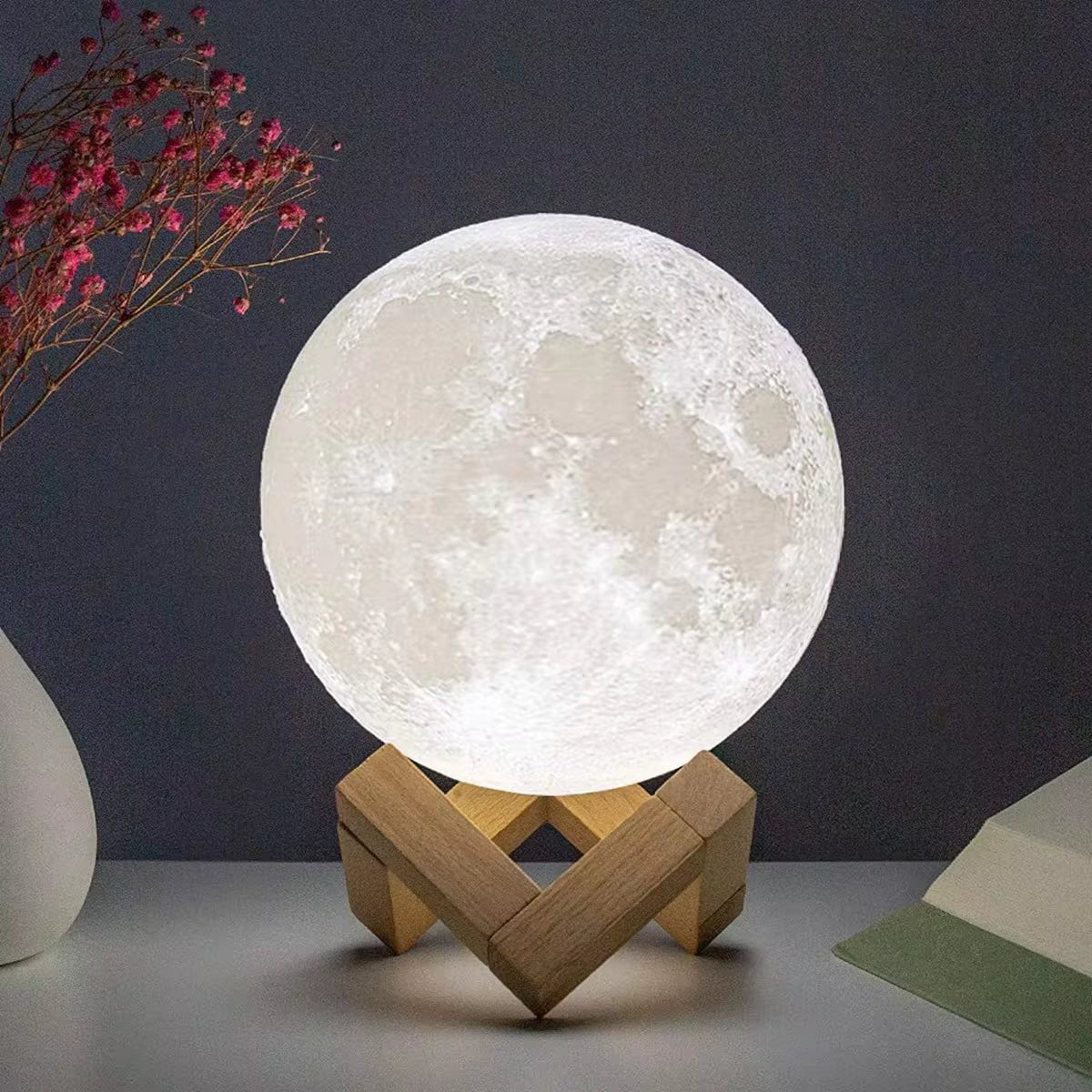 8cm Moon Lamp – LED Starry Night Light with Wooden Stand