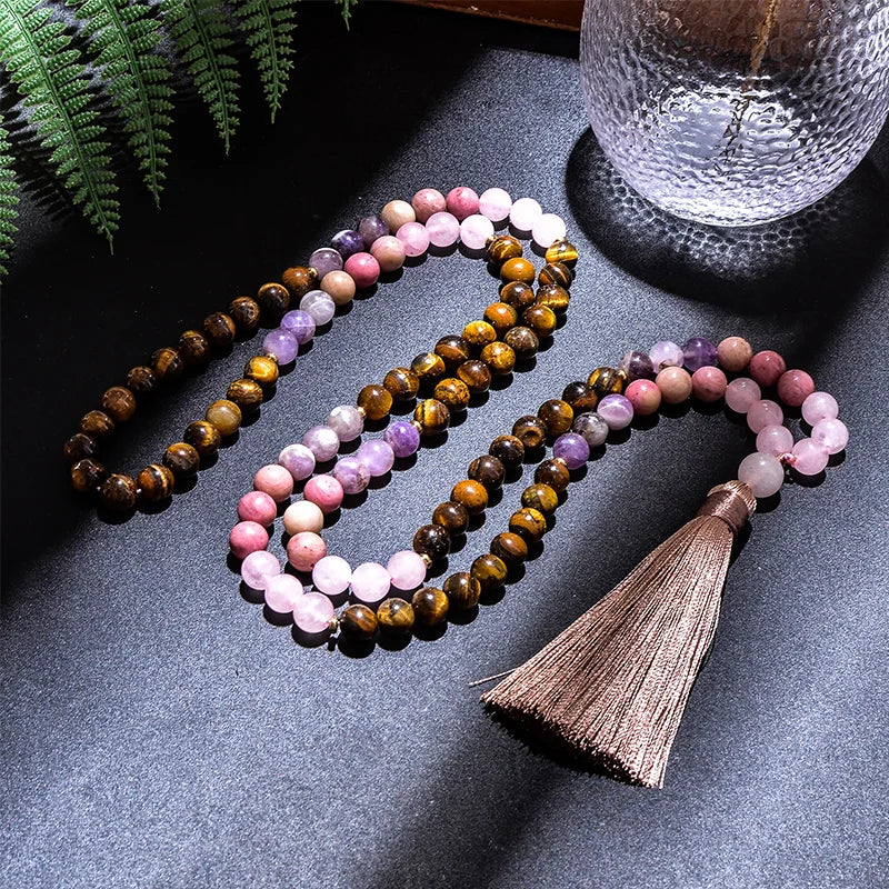 108 Beaded Japamala Necklace & Bracelet Set – Tiger Eye, Rose Quartz, Rhodolite & Amethyst