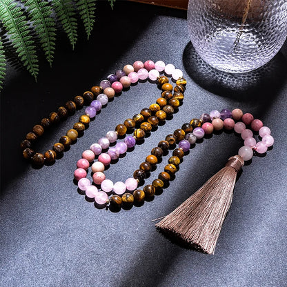 108 Beaded Japamala Necklace & Bracelet Set – Tiger Eye, Rose Quartz, Rhodolite & Amethyst