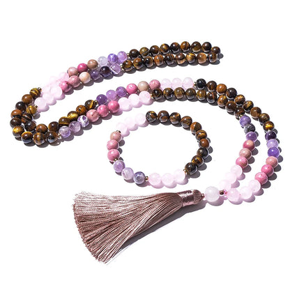 108 Beaded Japamala Necklace & Bracelet Set – Tiger Eye, Rose Quartz, Rhodolite & Amethyst