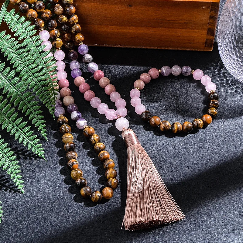 108 Beaded Japamala Necklace & Bracelet Set – Tiger Eye, Rose Quartz, Rhodolite & Amethyst