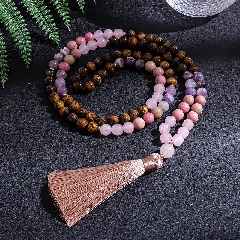 108 Beaded Japamala Necklace & Bracelet Set – Tiger Eye, Rose Quartz, Rhodolite & Amethyst