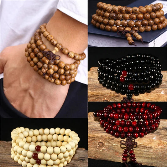 Natural Sandalwood 108-Bead Buddhist Bracelet – A Symbol of Peace & Spirituality