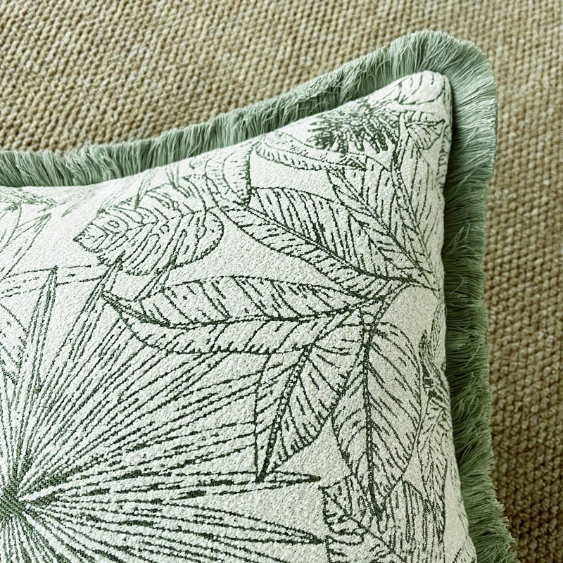 Hinyeatex Indoor Decorative Pillow Cover - Light Green Leaves Chenille Woven Fringe Cushion