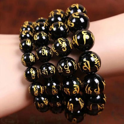 Tibetan Six-Word Mantra Black Obsidian Bracelet