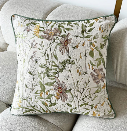 Countryside Garden Light Green Flowers Home Throw Sofa Cushion Cover Decorative Square Chenille Pillow Case 18x18", Set of 1 Pc