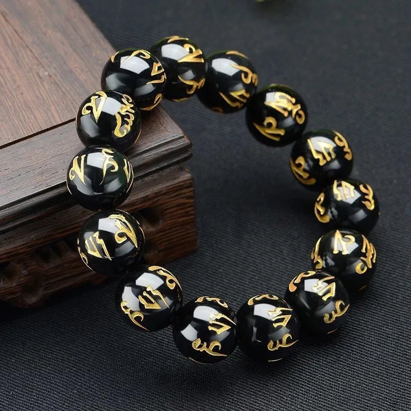 Tibetan Six-Word Mantra Black Obsidian Bracelet