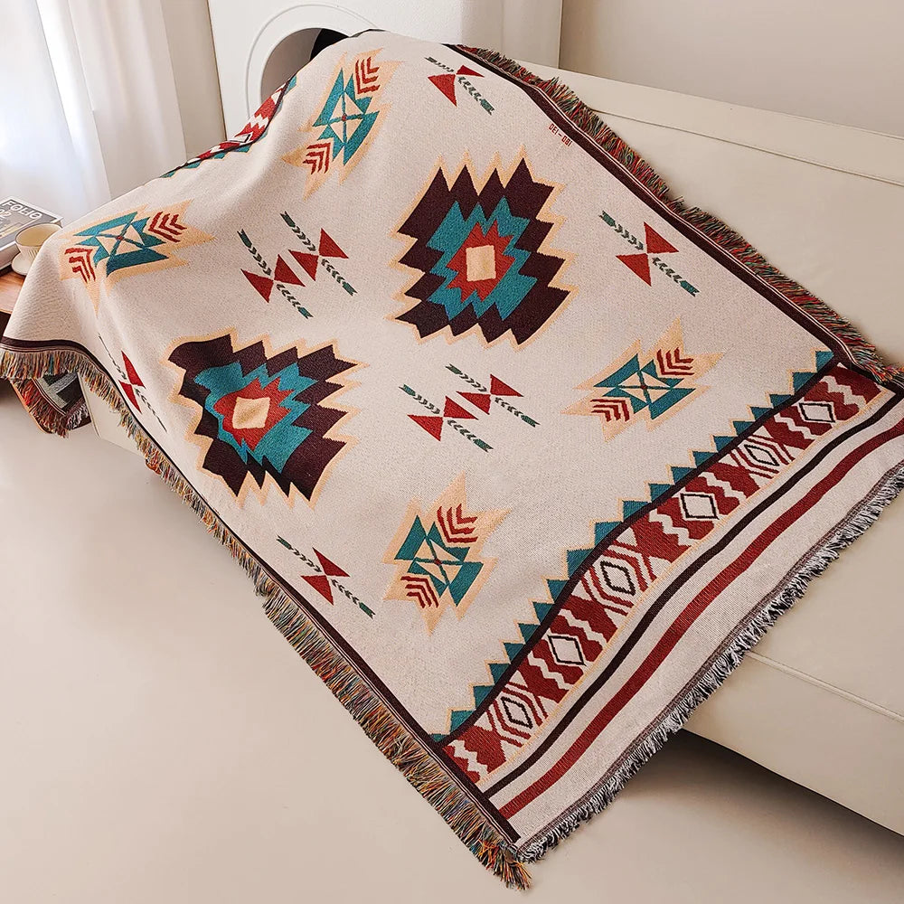 Boho Aztec Throw Blanket – Southwestern Geometric Woven Blanket with Tassels