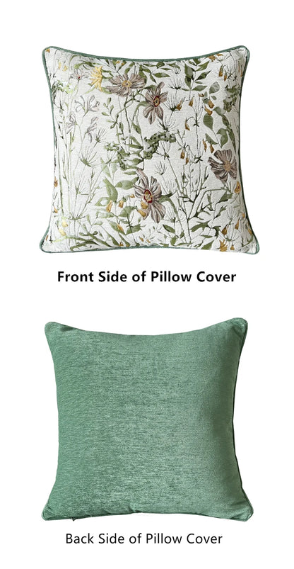 Countryside Garden Light Green Flowers Home Throw Sofa Cushion Cover Decorative Square Chenille Pillow Case 18x18", Set of 1 Pc