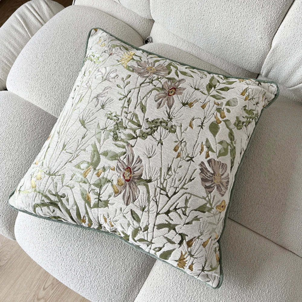 Countryside Garden Light Green Flowers Home Throw Sofa Cushion Cover Decorative Square Chenille Pillow Case 18x18", Set of 1 Pc