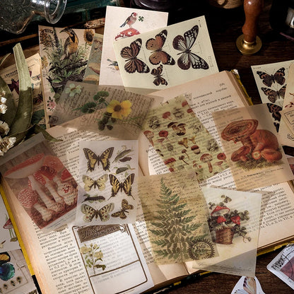 60-Piece Vintage Sticker Pack – Mushrooms, Plants & Butterflies