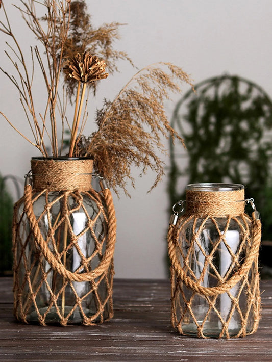 Rustic Hanging Glass Vase with Hemp Rope – Vintage Home Décor