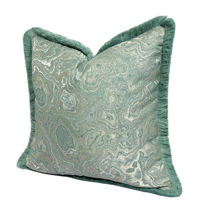 Luxurious Turquoise Fringe Jacquard Pillow Cover – Elegant Designer Cushion