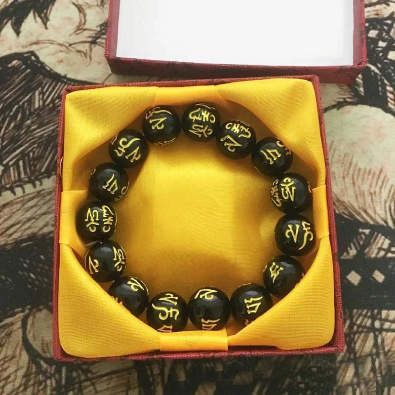 Tibetan Six-Word Mantra Black Obsidian Bracelet