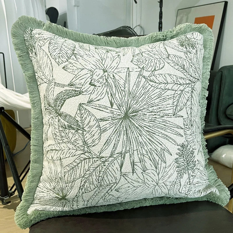 Hinyeatex Indoor Decorative Pillow Cover - Light Green Leaves Chenille Woven Fringe Cushion