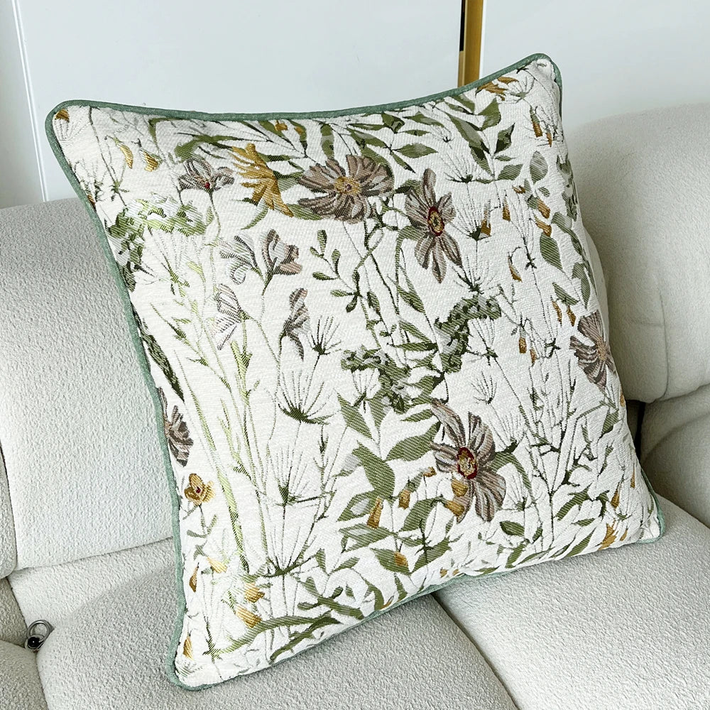 Countryside Garden Light Green Flowers Home Throw Sofa Cushion Cover Decorative Square Chenille Pillow Case 18x18", Set of 1 Pc