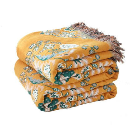 Floral Cotton Gauze Tassel Blanket – Soft, Breathable & Elegant All-Season Comfort