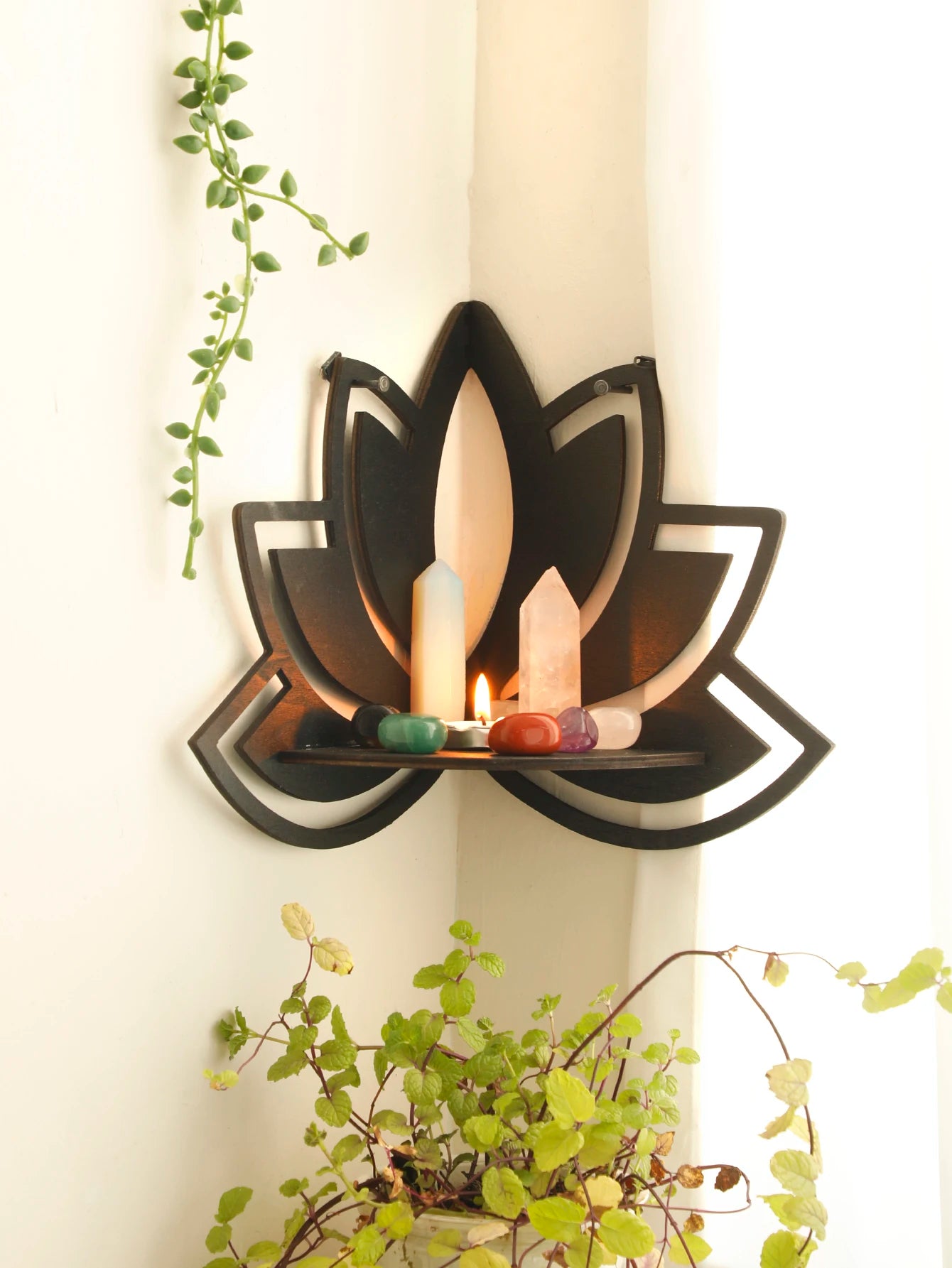 Lotus Corner Floating Shelf – Boho Wall Decor