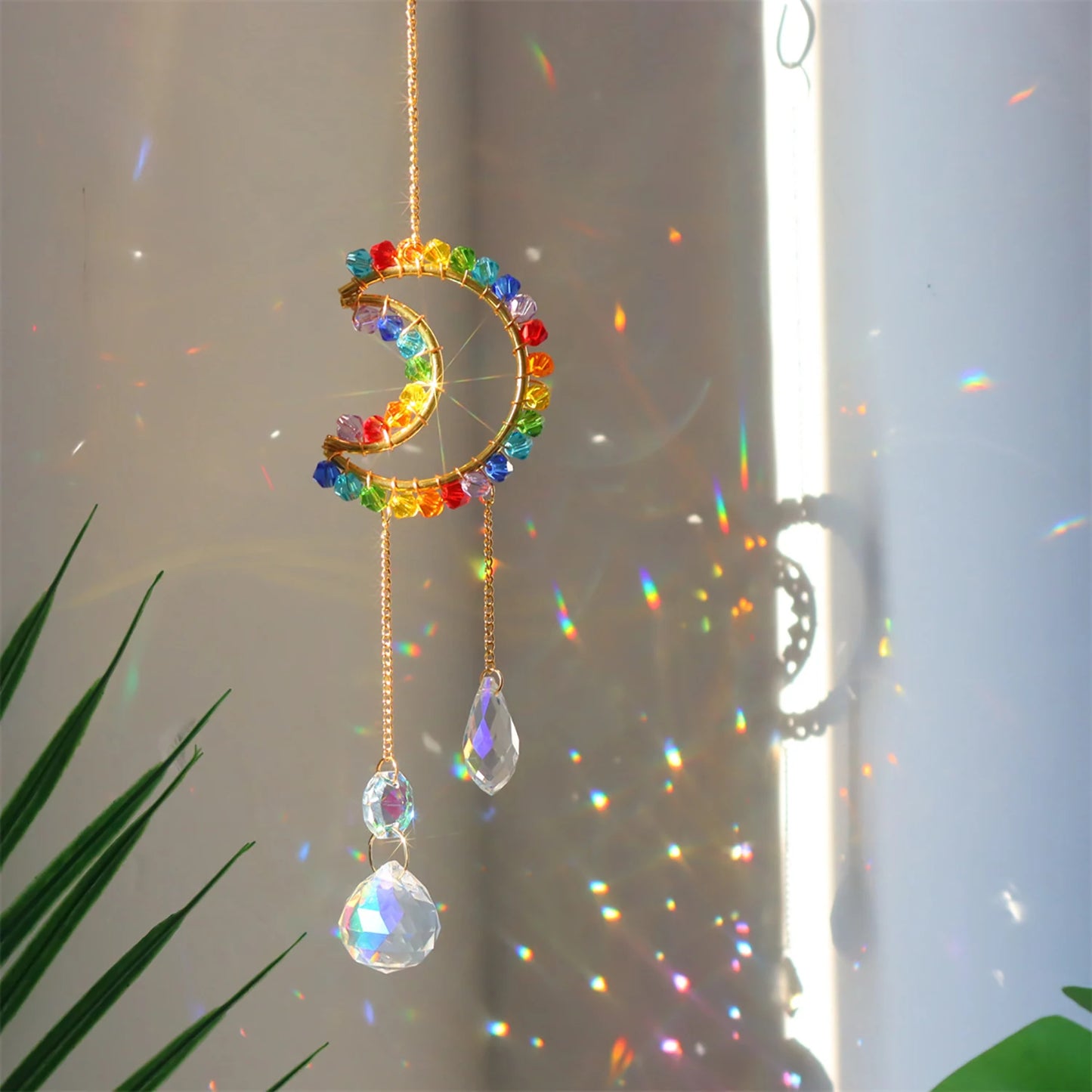 Raw Stone Moon Crystal Suncatcher – Rainbow Light & Serenity