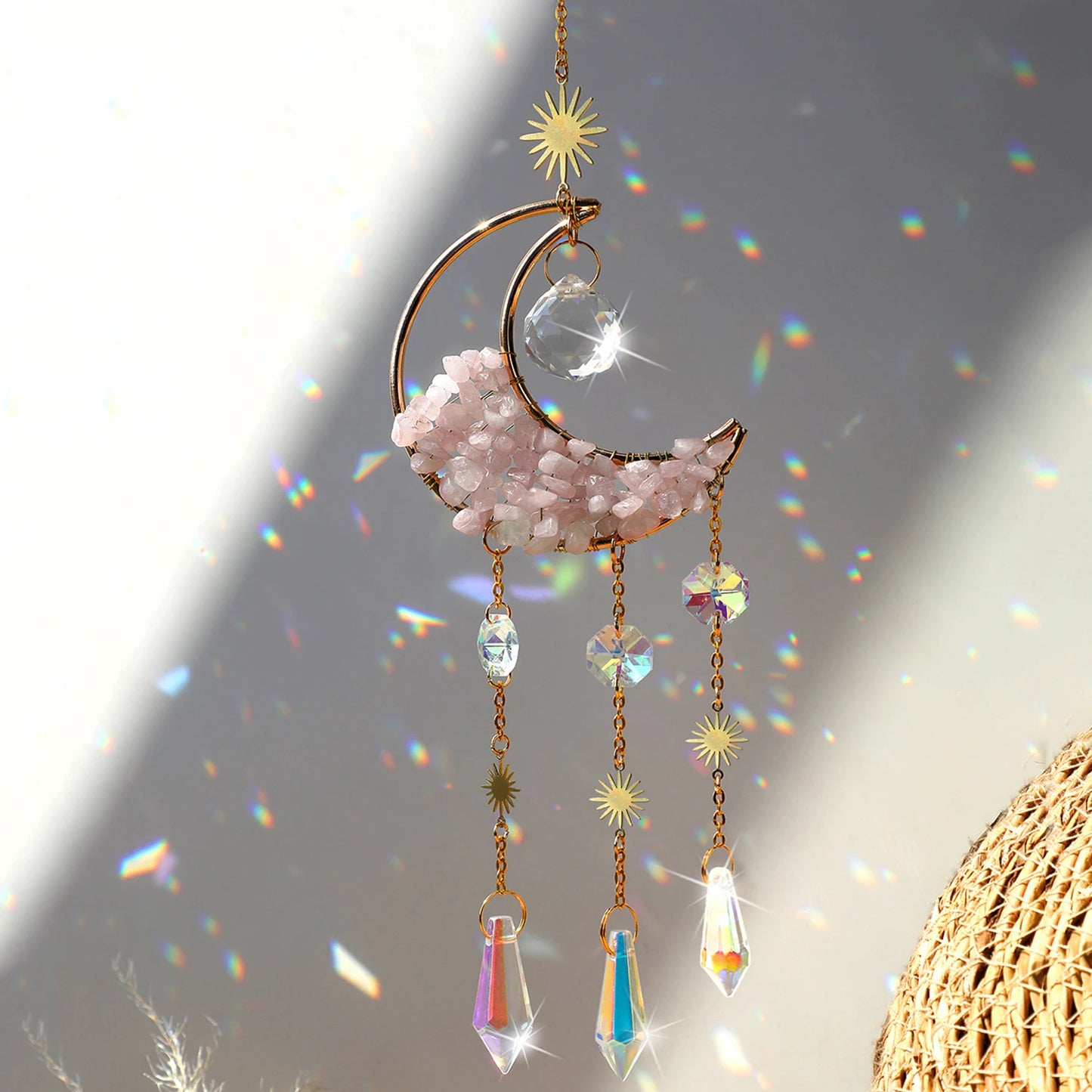 Raw Stone Moon Crystal Suncatcher – Rainbow Light & Serenity