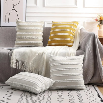 Boho Striped Cotton Linen Pillow Cover – Neutral & Cozy Home Decor