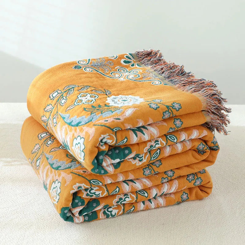 Floral Cotton Gauze Tassel Blanket – Soft, Breathable & Elegant All-Season Comfort