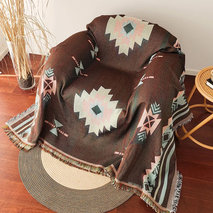 Boho Aztec Throw Blanket – Southwestern Geometric Woven Blanket with Tassels