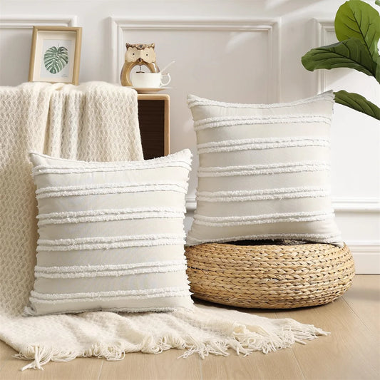 Boho Striped Cotton Linen Pillow Cover – Neutral & Cozy Home Decor