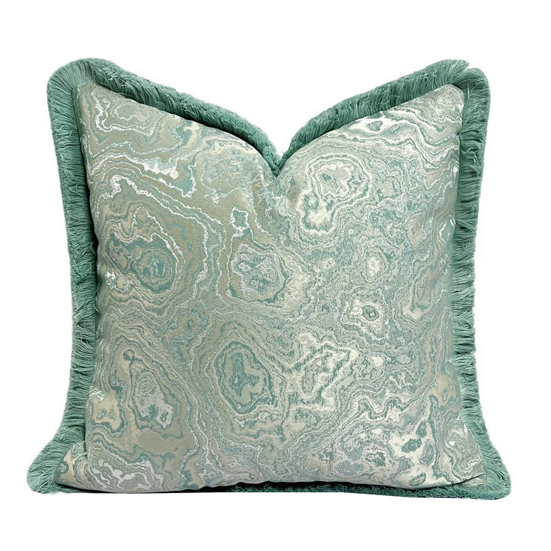 Luxurious Turquoise Fringe Jacquard Pillow Cover – Elegant Designer Cushion