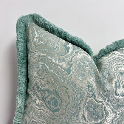 Luxurious Turquoise Fringe Jacquard Pillow Cover – Elegant Designer Cushion