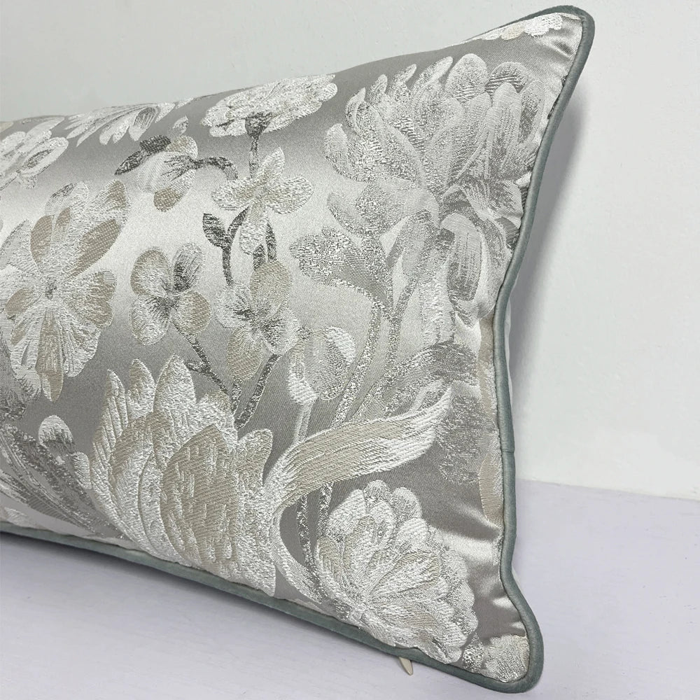 Luxurious Gray Shiny Floral Pillow Case – Elegant Jacquard Woven Design