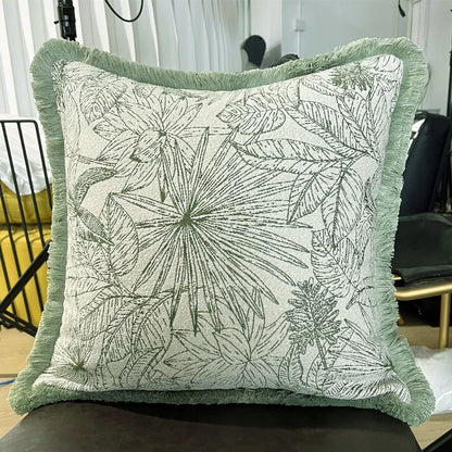 Hinyeatex Indoor Decorative Pillow Cover - Light Green Leaves Chenille Woven Fringe Cushion