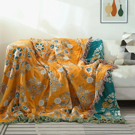 Floral Cotton Gauze Tassel Blanket – Soft, Breathable & Elegant All-Season Comfort