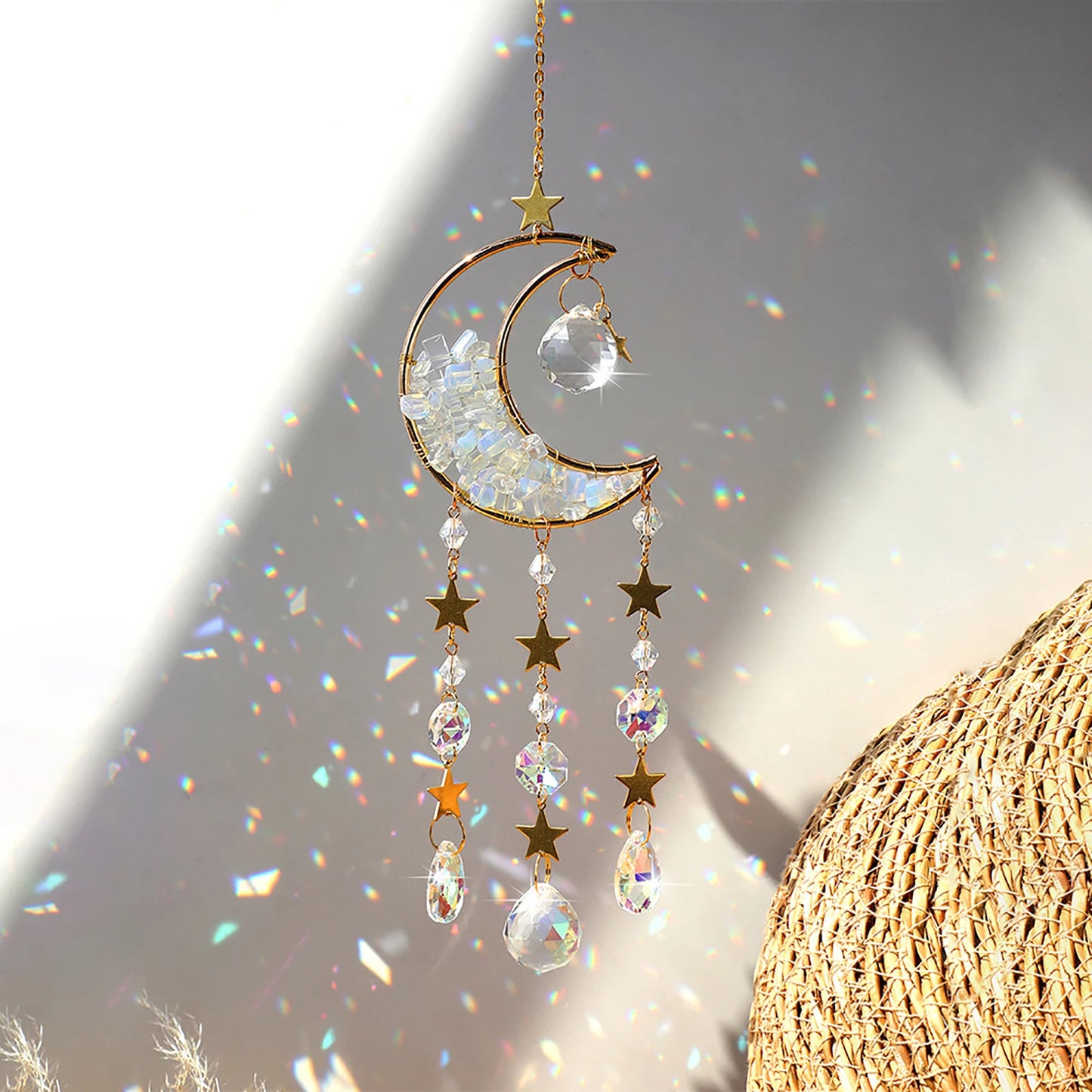 Raw Stone Moon Crystal Suncatcher – Rainbow Light & Serenity