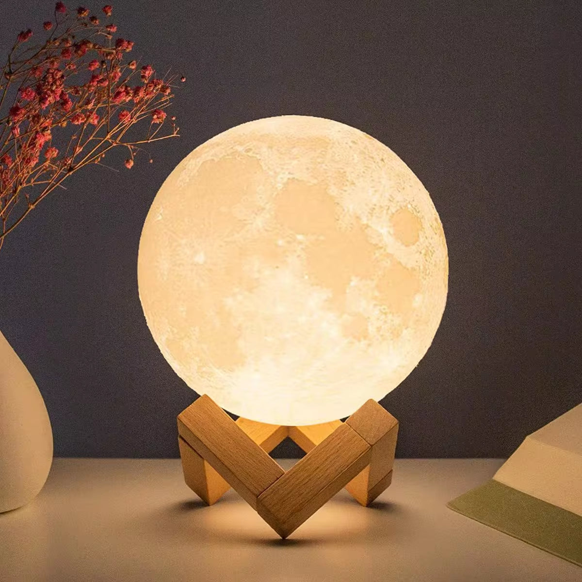 8cm Moon Lamp – LED Starry Night Light with Wooden Stand